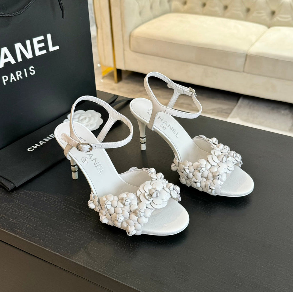 CHANEL Little Camellia World Thin High Sandals White Lambskin