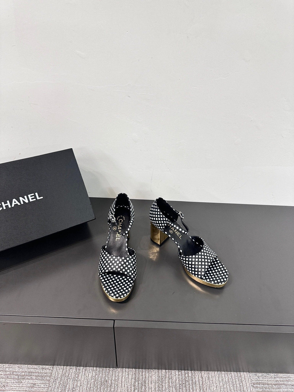 CHANEL BLOCK HEEL SANDALS BLACK POLKA DOT SHEEPSKIN