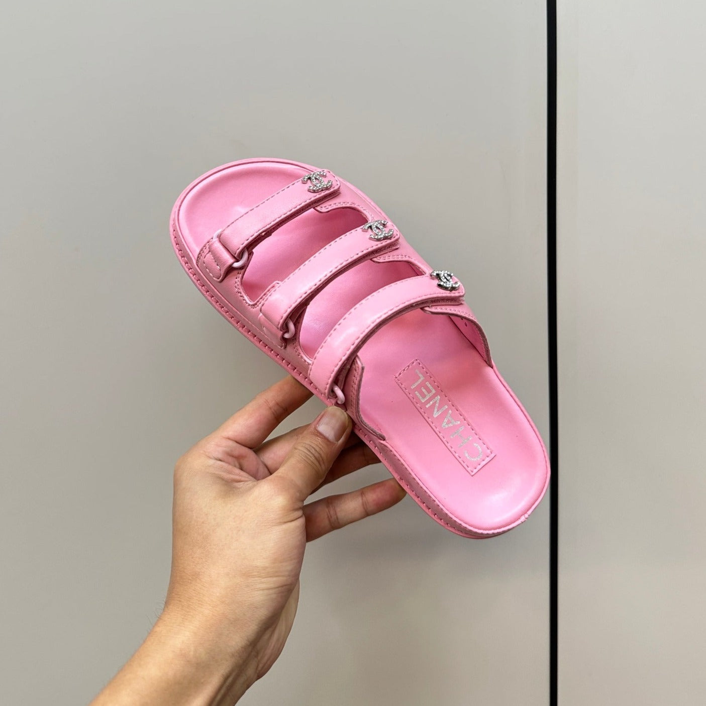 CHANEL dad sandals pink 3 rows lambskin mules