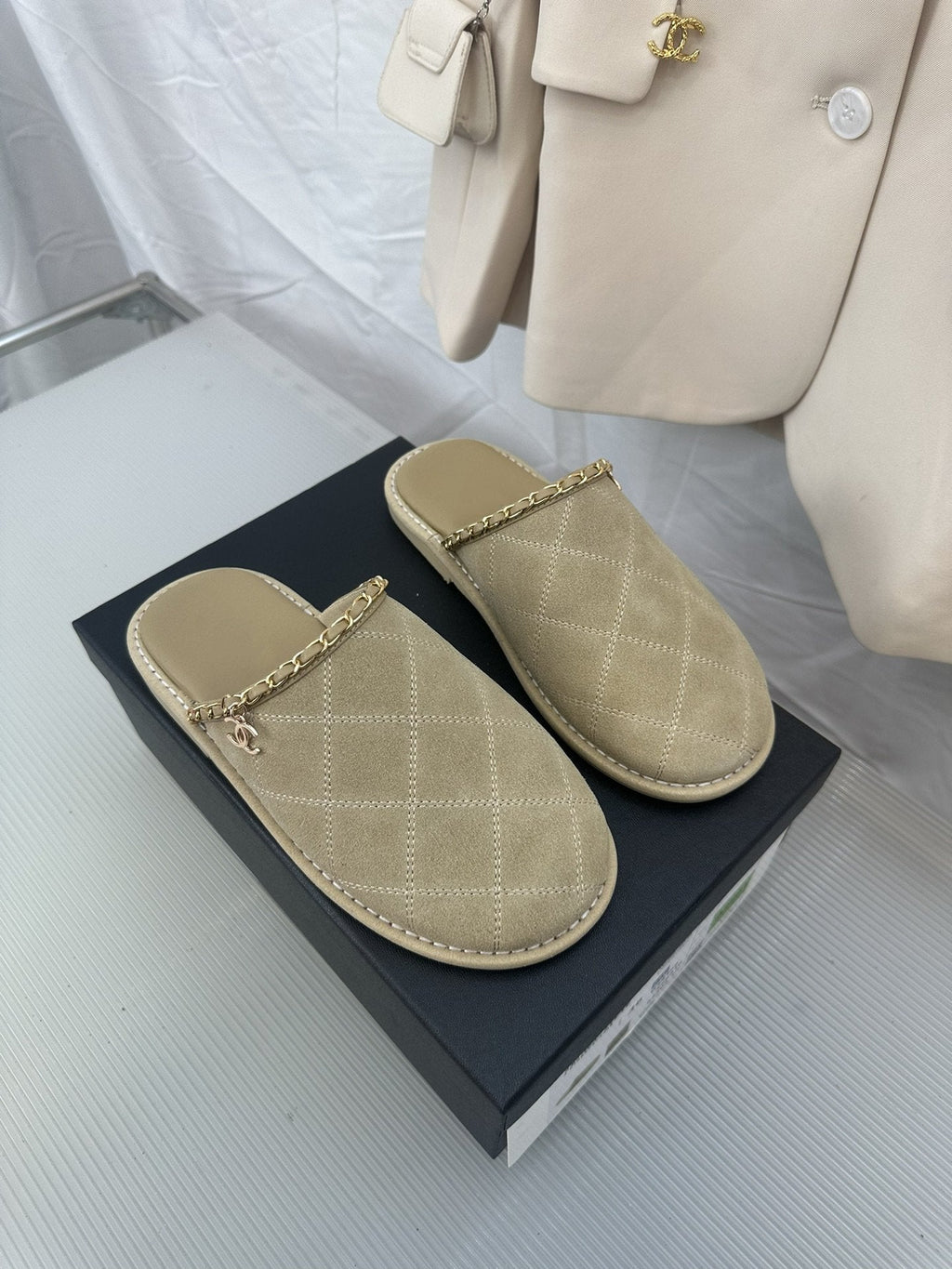 CHANEL Khaki Green Suede Gold Chain Mules